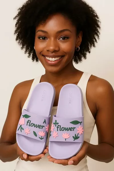 Лилави чехли Mor Flower с басейн - Чехли с плажен цветен десен