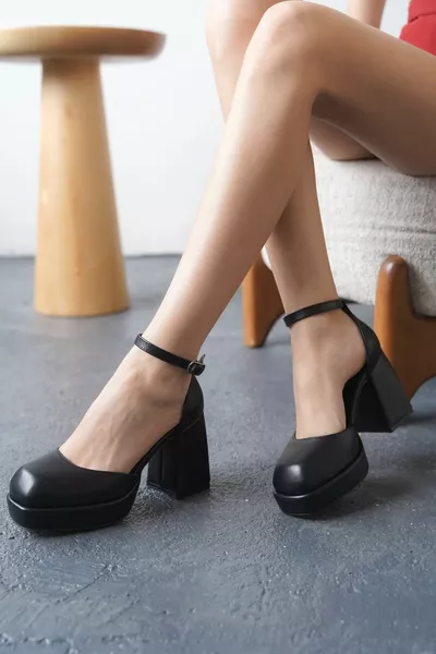 حذاء بكعب عالي منصة غاندر نسائي - أسود جلد