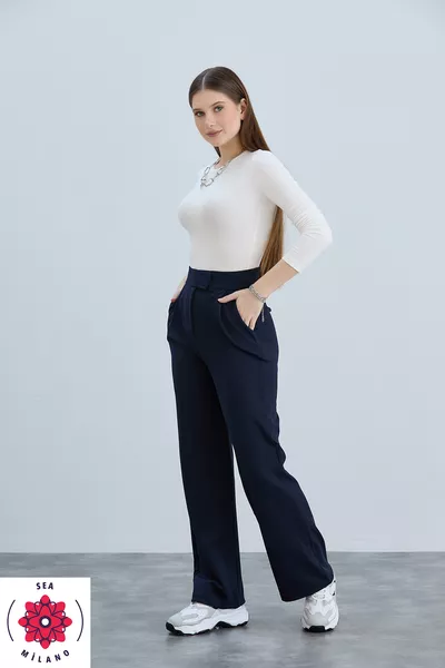 Damen Dunkelblaue Palazzo-Hose mit Klettverschluss, bequem, elastisch, hoher Bund, Gummibund
