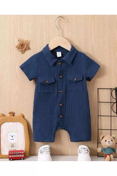 Unisex Baby- & Kinder-Musselin-Strampler mit Holzknöpfen und Taschen, % Baumwolle – Blau