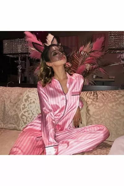 Striped Pink Silky Satin Women's Pajama Set