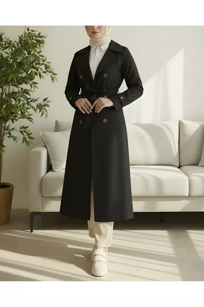 معطف ترنش مبطن بحزام - أسود