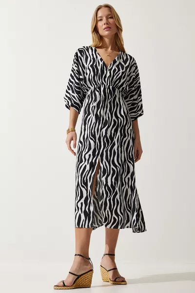 Dames Zwart Wit Diep V-hals Zomerse Lange Viscose Jurk 