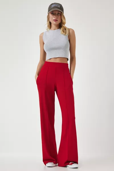 بنطال رياضي نسائي مرن عالي الخصر باللون الأحمر 