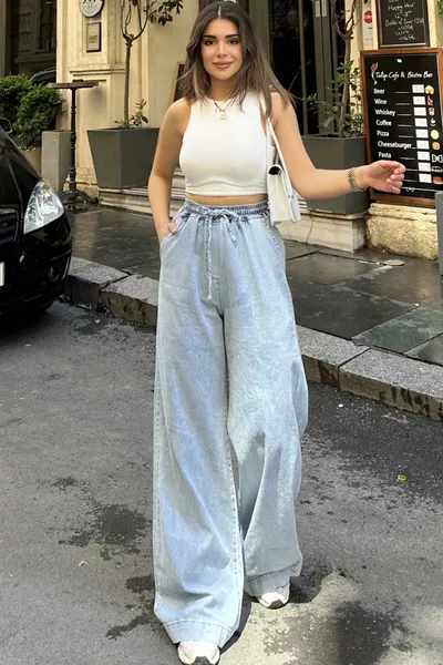 بنطال جينز نسائي بالازو، بحزام مرن عند الخصر، مزود بأربطة، جيوب، واسع الساق - مناسب للزي المحتشم