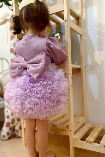 Lila Tule Lange Mouwen Meisjesjurk - Prinses