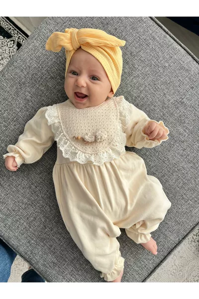 Tutina per bambina con pizzo, maniche lunghe, con fermaglio in regalo,  mesi