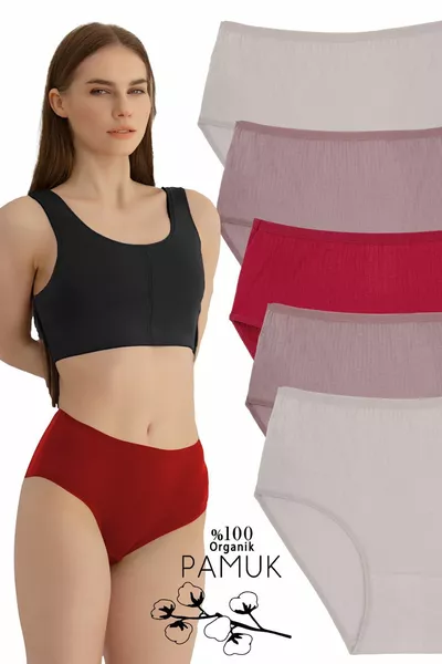 Women's % Cotton 5-Pack High-Waist Ribbed Panties Stone, Taupe, Burgundy 