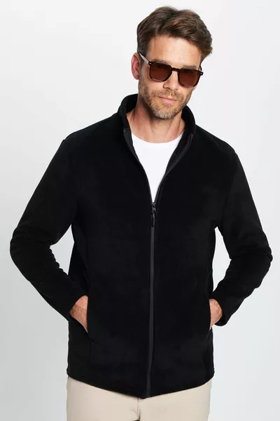 Унисекс черная флисовая кофта стандартного кроя на молнии, устойчивая к скатыванию и не образующая катышков, утепляющая