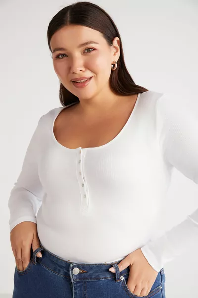Zazanabb Women's Ribbed Look Body-Hugging Deep Round Neck Buttoned White Plus Size Blouse