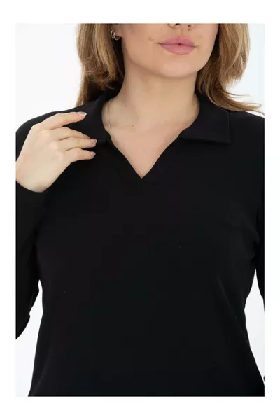 Curve Plus Size Cotton Stretch V-Neck Basic Long Sleeve Black Blouse