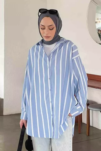 Oversized Shirt with Thick Line Details Blue