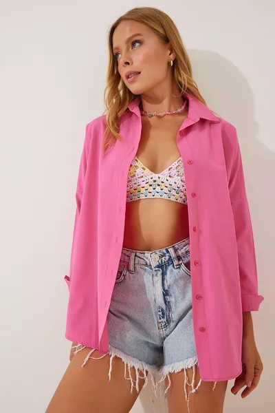 قميص أساسي نسائي طويل باندرت سايز واسع باللون الزهري الفاتح 