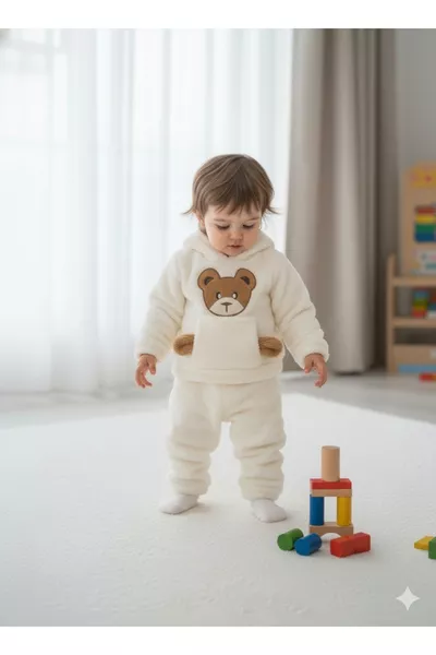 طقم للأطفال والرضع مع هود مطرز بشكل دب محشو / قماش وولسوفْت بولار