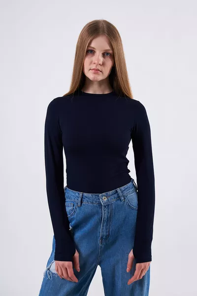 Women's Navy Finger Detail Bodysuit