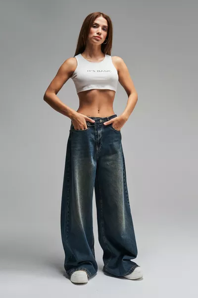 Damen Dunkler Farbstoff Farbe Mega Baggy Fit Weite Passform Denim