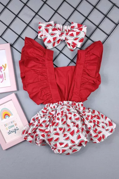 طقم رومبير للبنات مزين بالكرنب مع وشاح بنقشة البطيخ