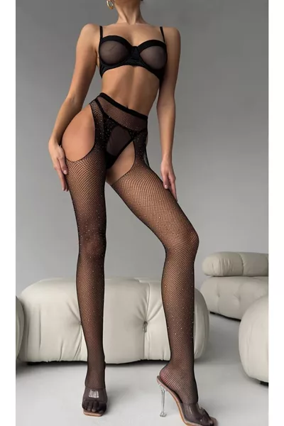 Calze a rete aperta con reggicalze in fantasia nera speciale da donna con pietre