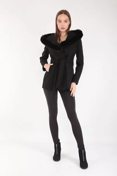 Manteau court à capuche en laine pour femme, noir