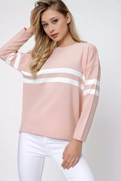 Kadın Çizgi Detaylı Oversize Triko Kazak Pudra-ekru 