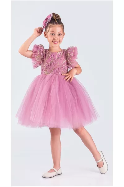 Платье с вышитой юбкой-пачкой для девочки  РОЗОВЫЙ