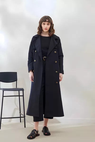 Black Shawl Collar Buttoned Trench Coat