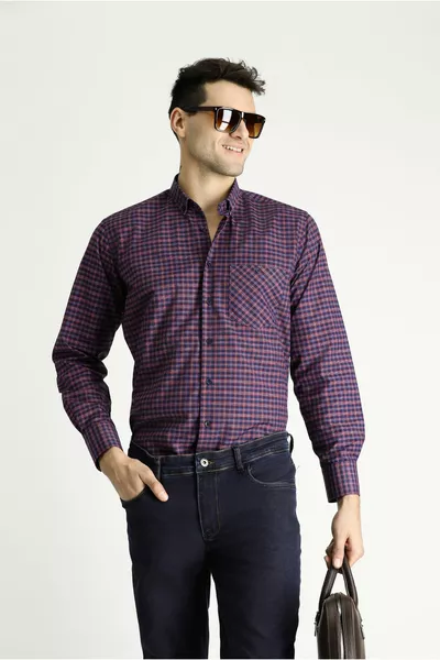 Camicia a maniche lunghe regular fit in cotone scozzese, facile da stirare, con collo a bottoni