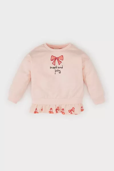 Kız Bebek Bisiklet Yaka Baskılı İçi Yumuşak Tüylü Sweatshirt SP