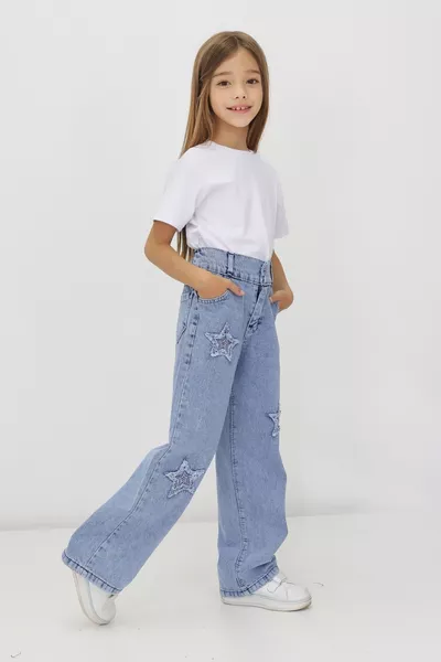 Jeans Girls' Cotton Denim without Lycra, Star Pattern, Elastic Waist, Wide Leg, % Cotton, Starry Denim