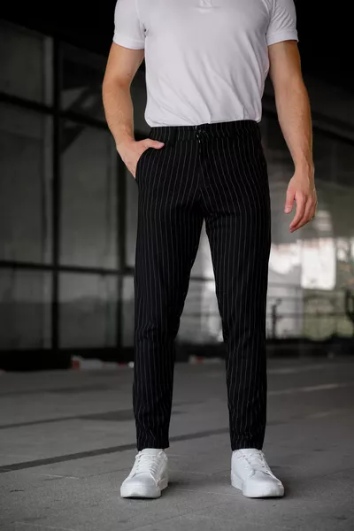 Men's Black Slim Fit Striped Fabric Trousers