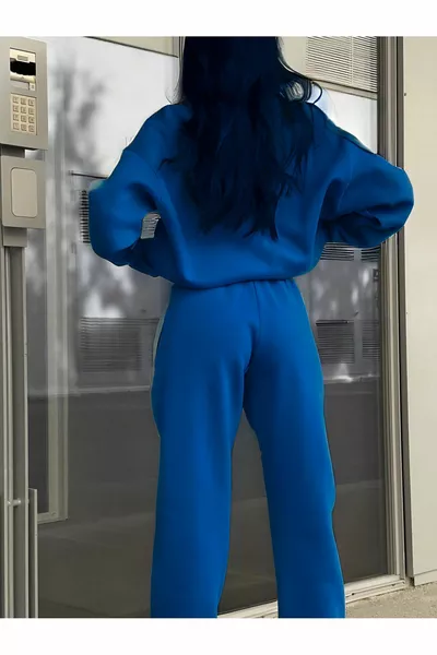 Basic Full-Zip Sweatshirt and Jogger Tracksuit - Sax Blue Oversized Brushed High Collar