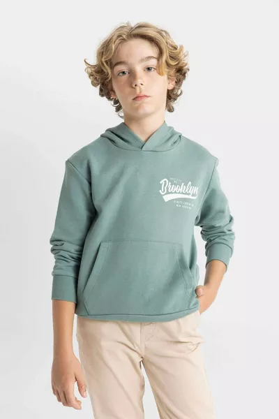 Erkek Çocuk Yeşil Yazı Baskılı Cepli Kapüşonlu Okul Sweatshirt AU