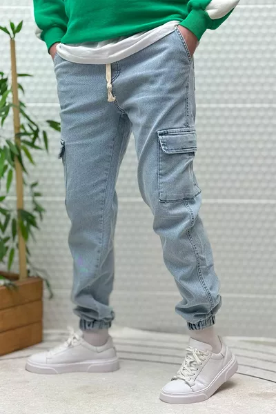 بنطلون جينز رجالي بصندوق شحن وجيوب وحزام وأساور مرنة