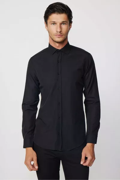 قميص رجالي أسود بأكمام طويلة، قماش قطن، سهل الكي، قصّة ضيقة