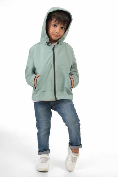 Impermeabile da pioggia con cappuccio a doppia cerniera per bambino, colore verde menta, con fodera, resistente a acqua e vento