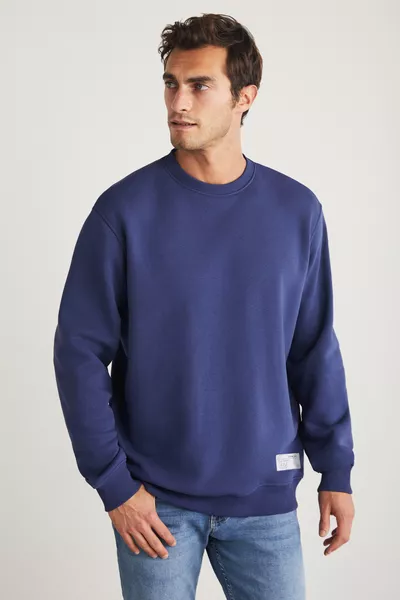 Sweat-shirt bleu marine pour hommes Travis, en tissu organique, doux, coupe régulière, col rond