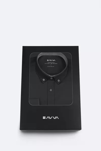 Erkek Siyah Düğmeli Yaka Hediye Kutulu % Pamuk Basic Regular Fit Gömlek 