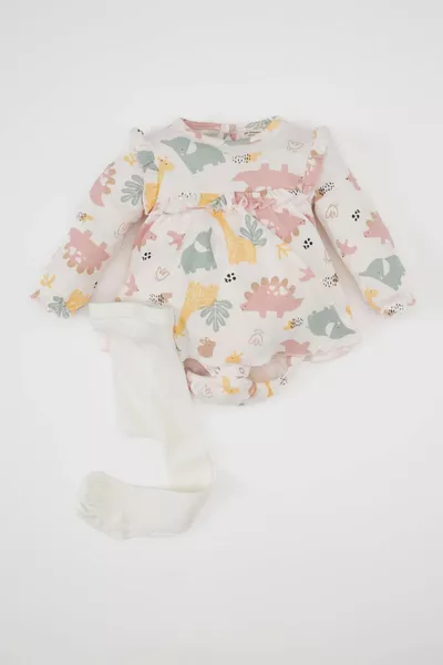 Baby Girl Newborn 2-Piece Set Buttoned Safari Print Long Sleeve Romper with Socks AU