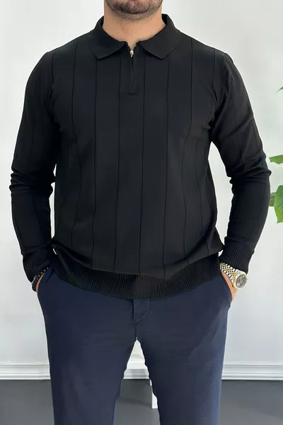 Мужской сезонный свитер с полуполной застёжкой на молнии и воротником-поло, черный 