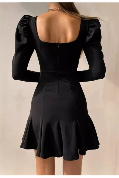 المرأة الصدر مكعب التفاصيل كم طويل الخامس الرقبة أسود مساء اللباس 