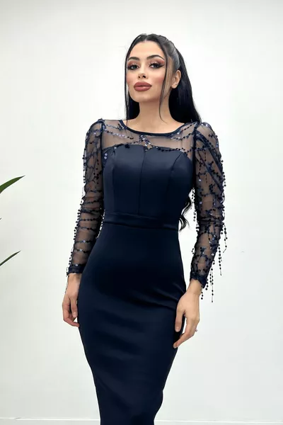 Robe à franges à sequins en tissu Scuba - Bleu marine