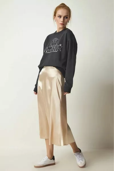 المرأة كريم الساتان سطح مطاط ميدي طول تنورة 