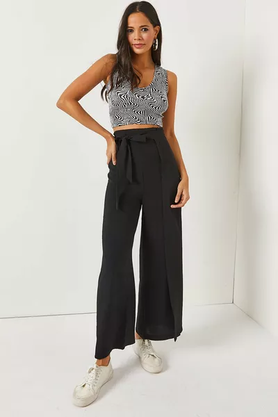 بنطال بالازو بجيب مطاطي بتفصيل الكاحل أسود 