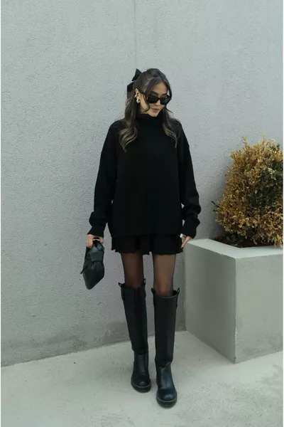 Black Pleated Mini Skirt Turtleneck Sweater Top and Bottom Premium Knit Set