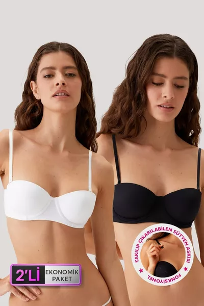 طقم اقتصادي مكون من قطعتين باللونين الأسود والأبيض  فيرونا سوفت بوش آب حمالة صدر نص داعم بدون أكتاف