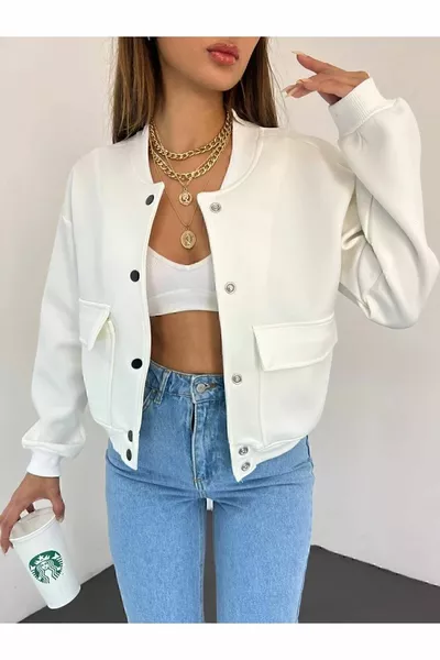 White Bomber Jacket with Pockets