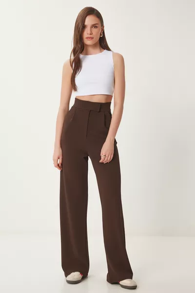 Pantalon Palazzo confortable à taille réglable avec scratch MARRON 