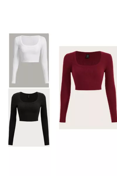 طقم نسائي من 3 قطع قطن % مربعات مضلعة بياقة مربعة بلوزة قصيرة بأكمام طويلة