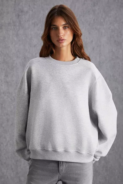 كنزة سويت شيرت نسائية بفرو داخلي، ثلاث خيوط، قطن عضوي، مقاس واسع، بياقة دائرية، باللون الرمادي الممزوج