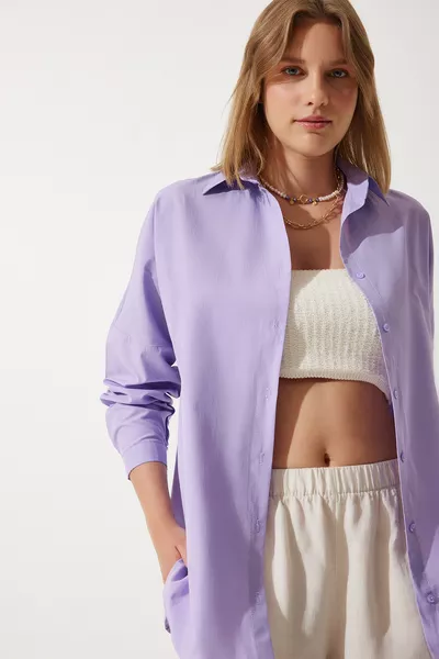 Damen Lila Oversize Lang Basic Hemd 